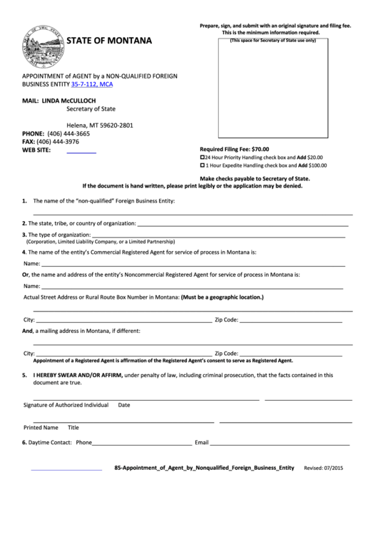 Fillable Form 85 - Appointment Of Agent By A Non-Qualified Foreign Business Entity 35-7-112, Mca Printable pdf