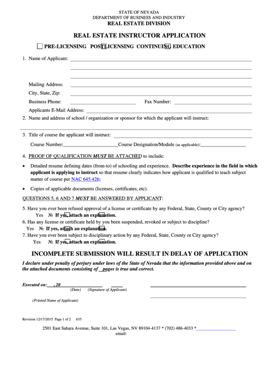 Real Estate Instructor Application Form - Nevada Department Of Business And Industry Real Estate Division Printable pdf