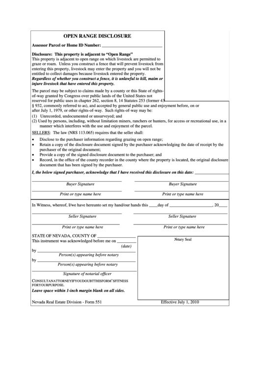 Fillable Form 551 - Open Rane Disclosure Printable pdf