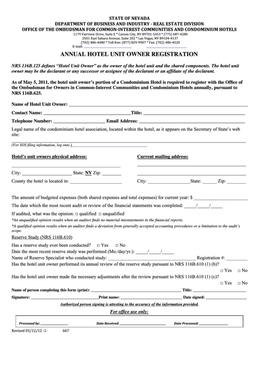 Fillable Form 667 - Annual Hotel Unit Owner Registration Printable pdf