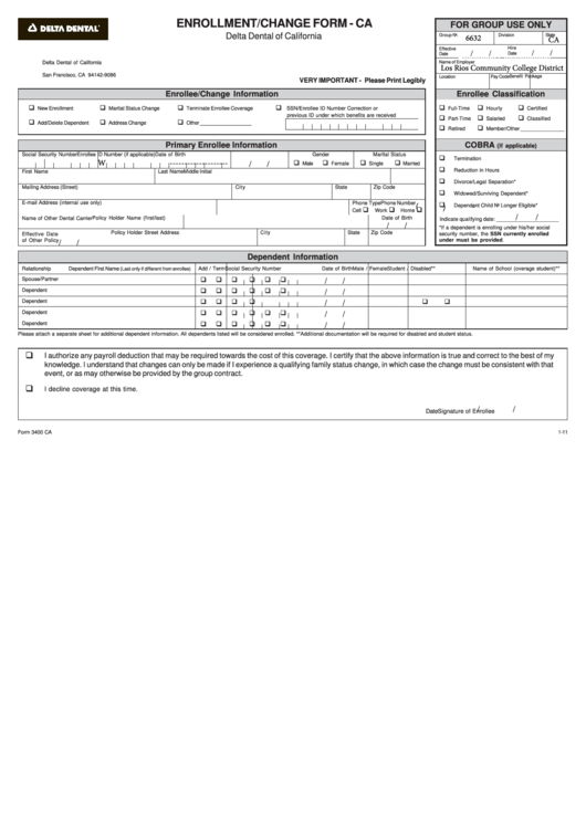 Form 3400 Ca - Enrollment/change Form printable pdf download
