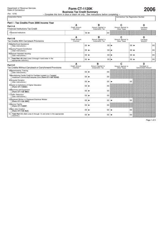 Form Ct-1120k - Business Tax Credit Summary - 2006 Printable pdf