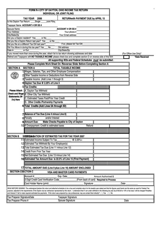 Form R-I - City Of Dayton, Ohio Income Tax Return Form Individual Or Joint Filing 2006 Printable pdf