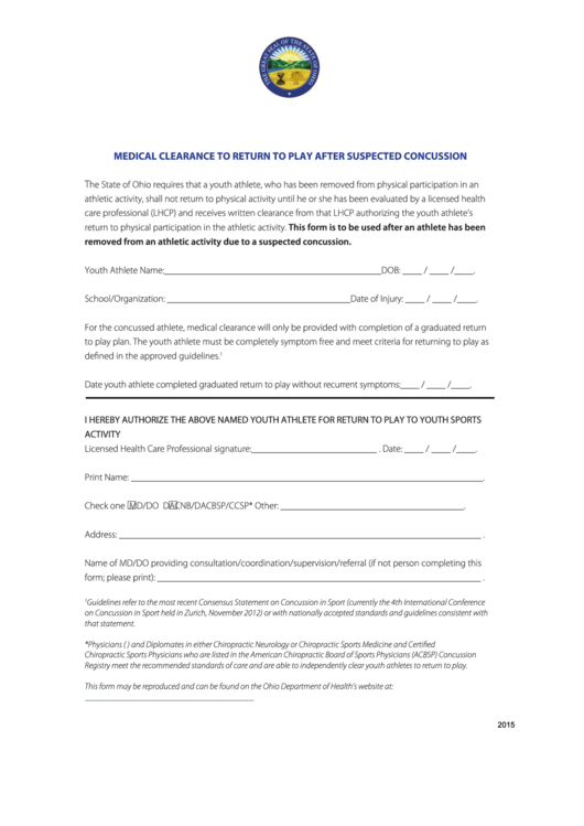 Medical Clearance To Return To Play After Suspected Concussion Form - 2015 Printable pdf