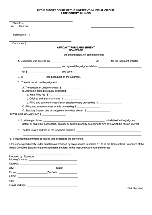 Fillable Affidavit For Garnishment Non-Wage Form - Lake County, Illinois Printable pdf
