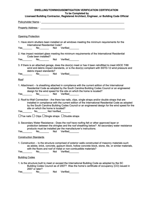 Dwelling/townhouse Mitigation Verification Certification Form Printable pdf
