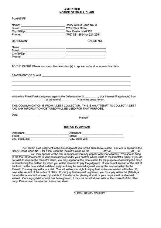 Amended Notice Of Small Claim Form - Henry County, Indiana Printable pdf