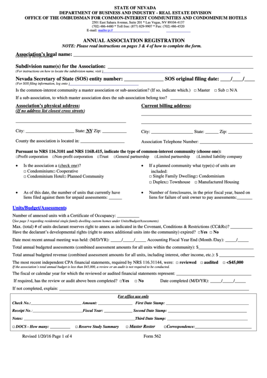 Fillable Form 562 - Annual Association Registration Printable pdf