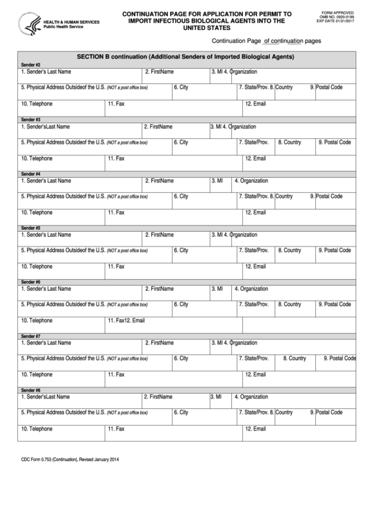 Fillable Cdc Form 0.753 - Continuation Page For Application For Permit To Import Infectious Biological Agents Into The United States Printable pdf