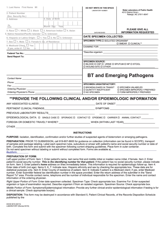Form Dhhs 5010 - Bt And Emerging Pathogens - N.c. Department Of Health And Human Services Printable pdf