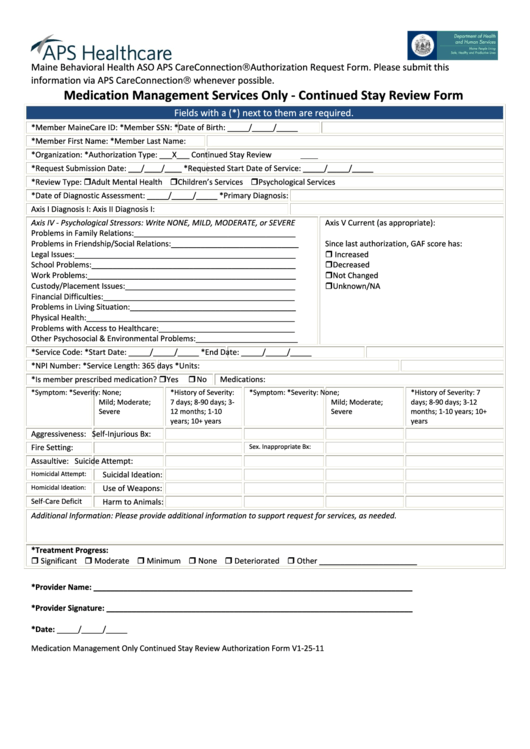 Medication Management Services Only - Continued Stay Review Form - Maine Department Of Health And Human Services Printable pdf