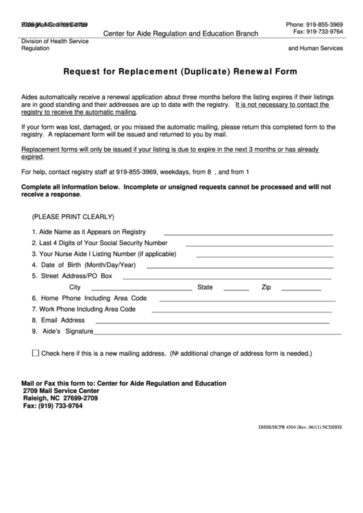 Request For Replacement (Duplicate) Renewal Form - N.c. Department Of Health And Human Services Printable pdf