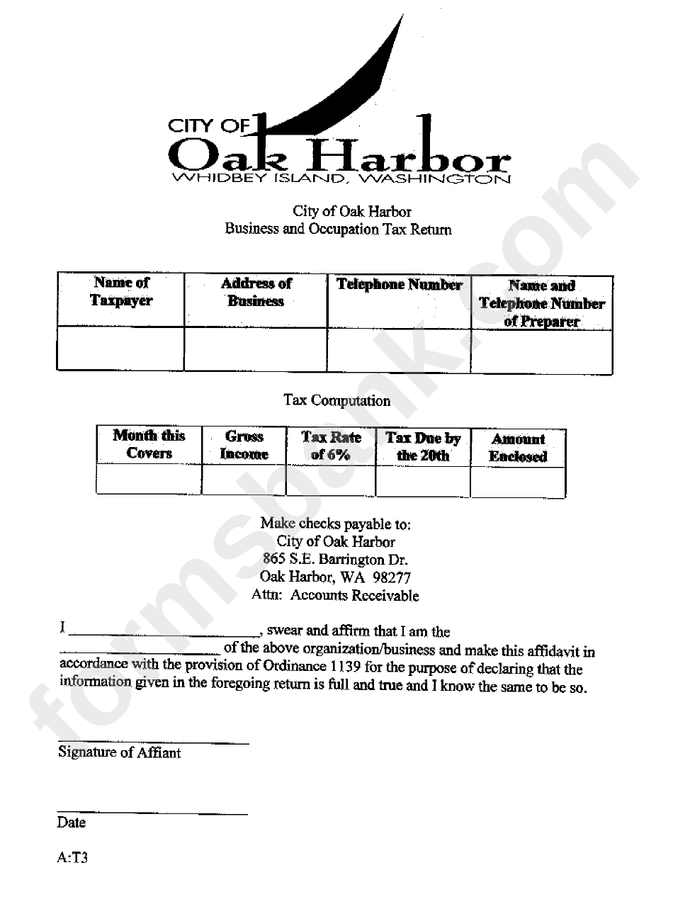 Business And Occupation Tax Return Form - City Of Oak Harbor