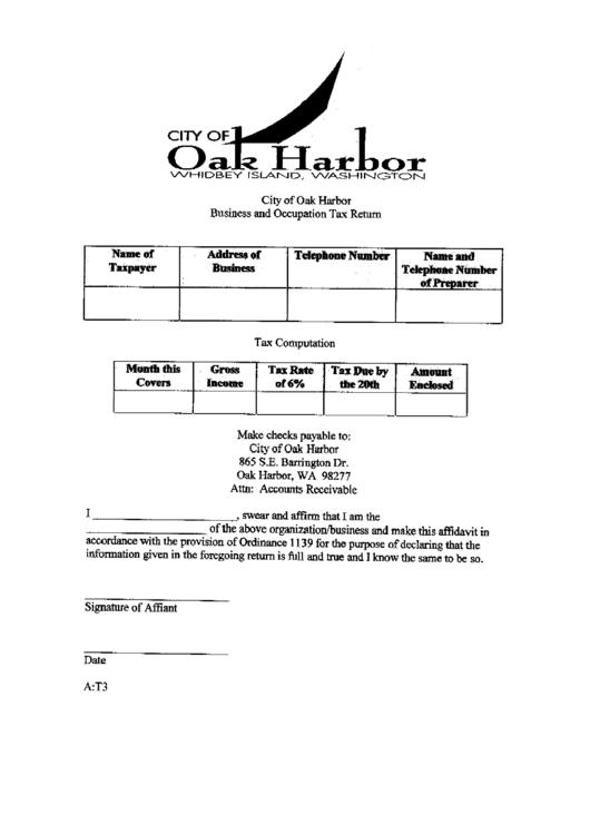 Business And Occupation Tax Return Form - City Of Oak Harbor Printable pdf