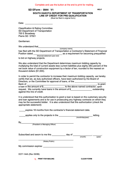 Fillable Sd Eform 0944 - Line Of Credit For Pre-Qualification - South Dakota Department Of Transportation Printable pdf