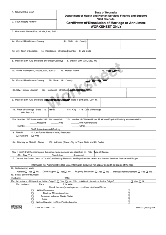 Fillable Form Hhs-73 - Certificate Of Dissolution Of Marriage Or Annulment Worksheet Printable pdf