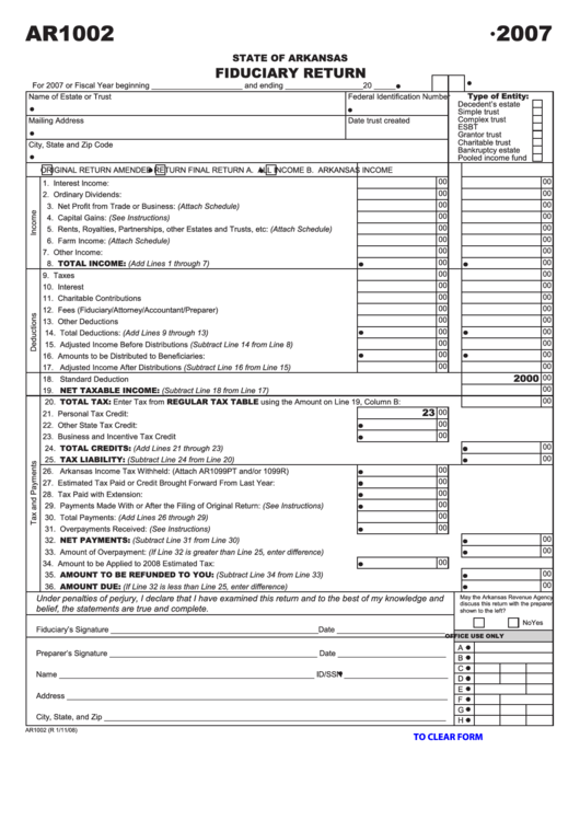 Fillable Form Ar1002 - Fiduciary Return - 2007 Printable pdf