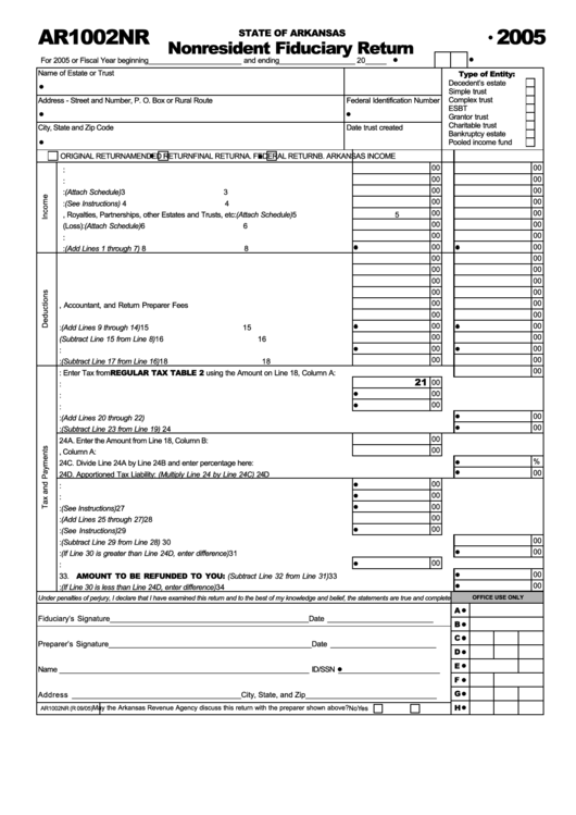 Form Ar1002nr - Nonresident Fiduciary Return - 2005 Printable pdf