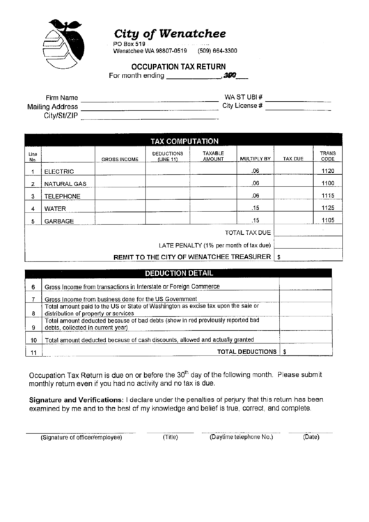 Occupation Tax Return Form - City Of Wenatchee, Washington Printable pdf