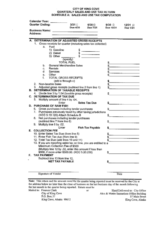 Form 6/01 - Quarterly Sales And Use Tax Return - Schedule A: Sales And Use Tax Computation - City Of King Cove Printable pdf