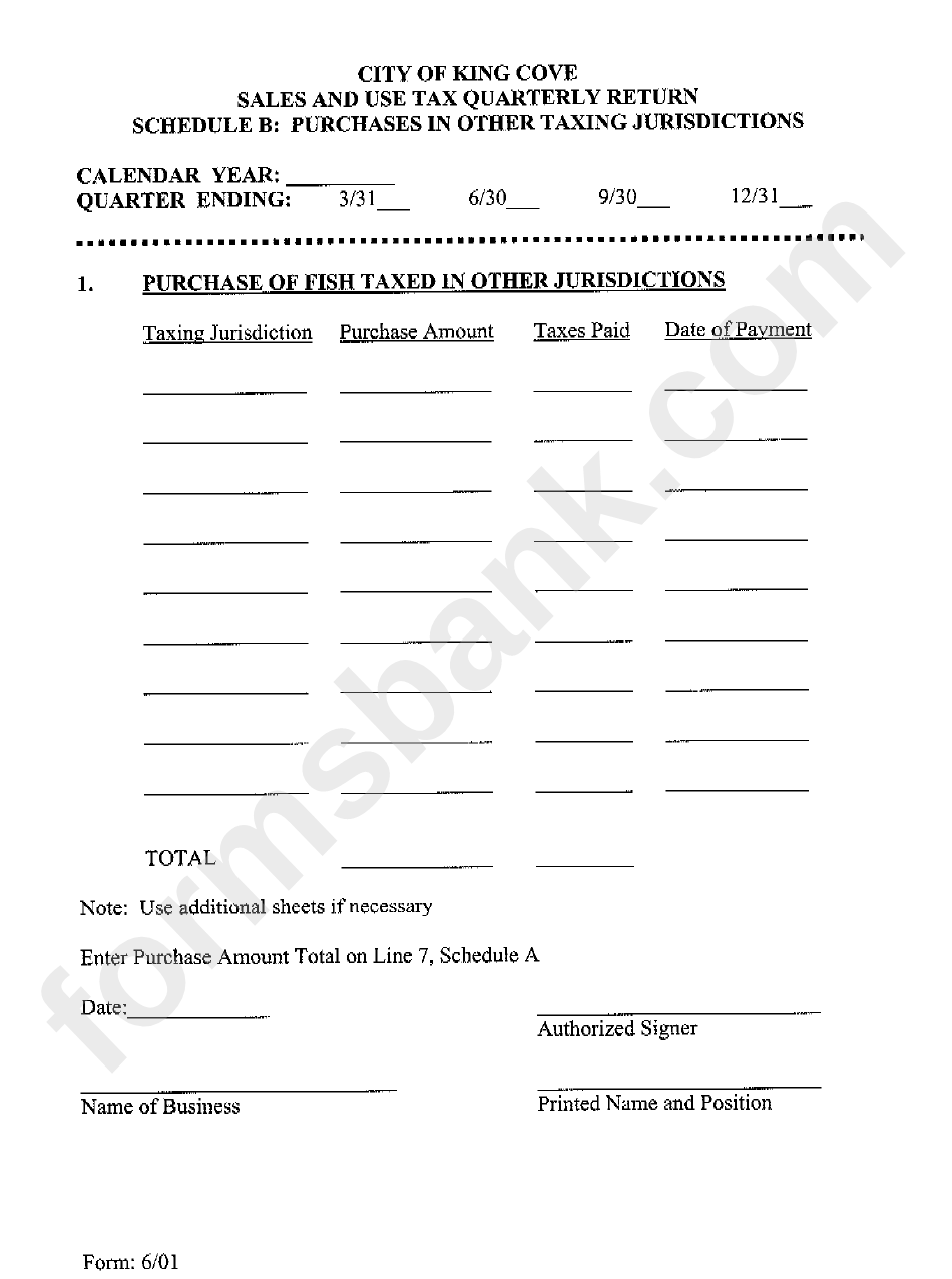 Form 6/01 - Quarterly Sales And Use Tax Return - Schedule A: Sales And Use Tax Computation - City Of King Cove