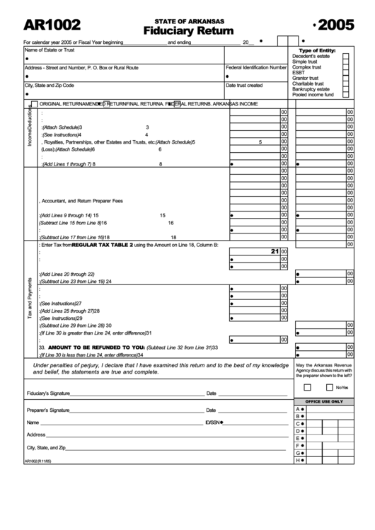 Form Ar1002 - Fiduciary Return - 2005 Printable pdf