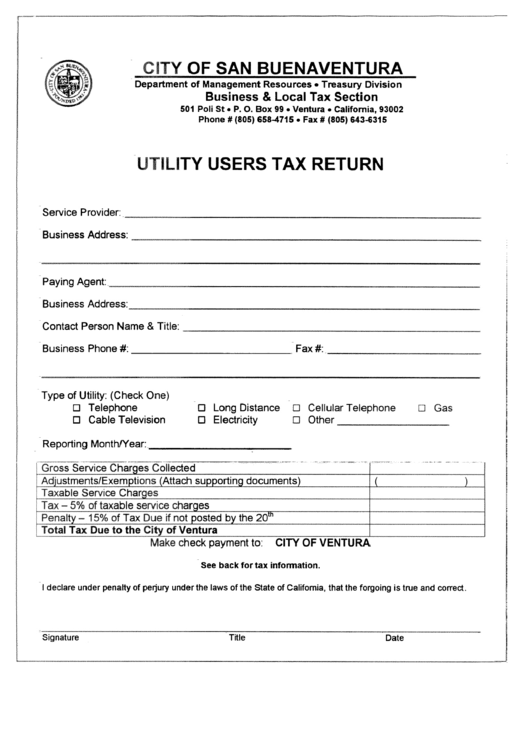Utility Users Tax Return Form - City Of San Buenaventura, California Printable pdf