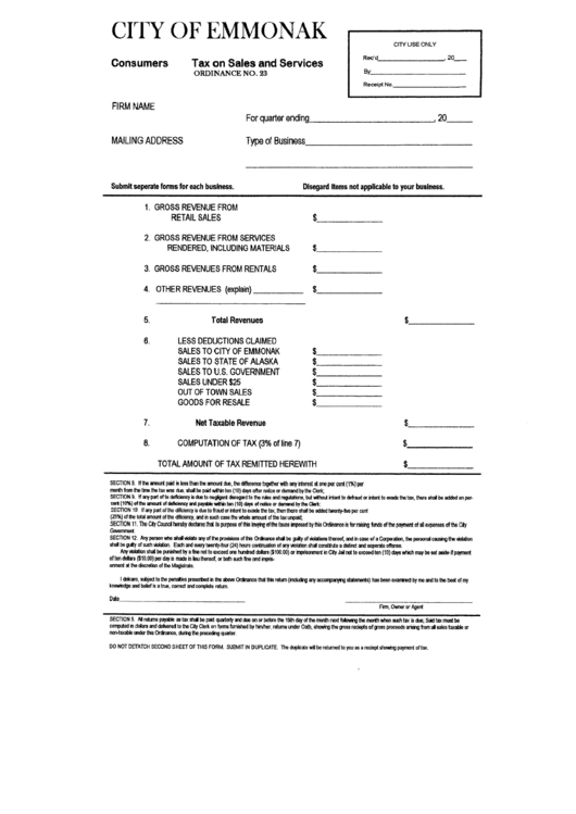 Tax On Sales And Services Form - City Of Emmonak, Alaska Printable pdf