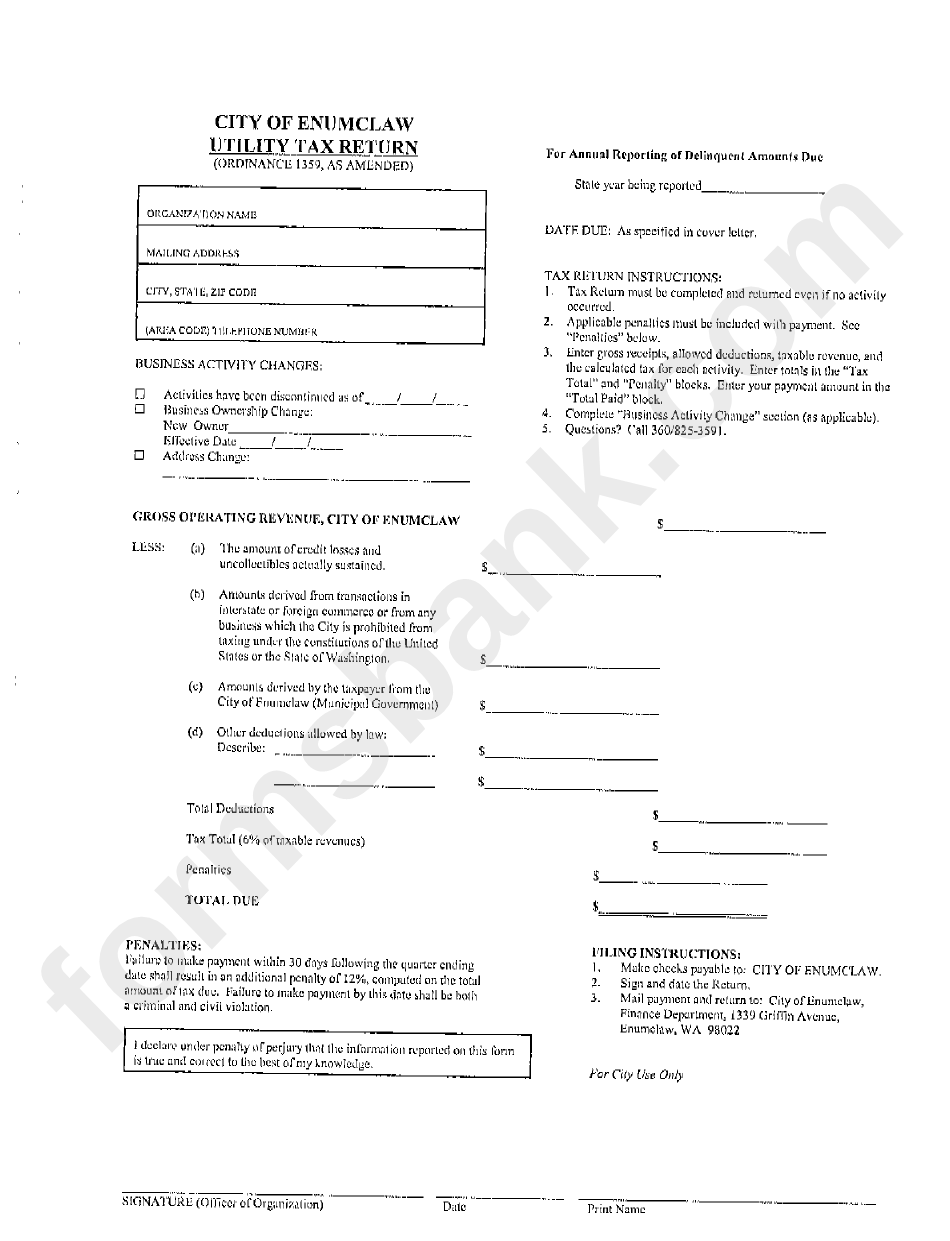 Utility Tax Return Form - City Of Enumclaw, Washington