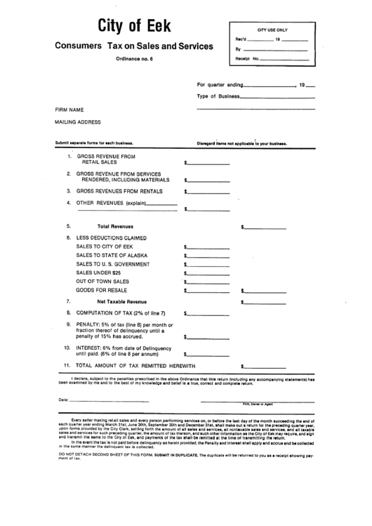 Consumers Tax On Sales And Services Form - City Of Eek, Alaska Printable pdf