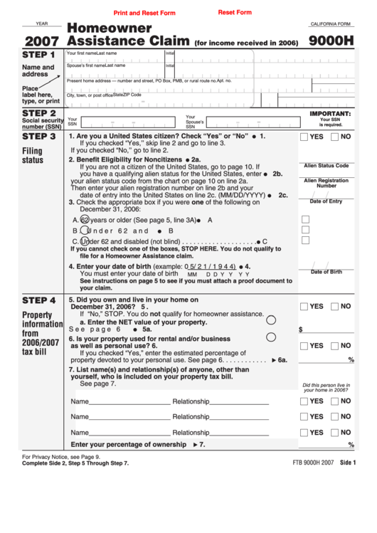 Fillable California Form 9000h - Homeowner Assistance Claim - 2007 Printable pdf