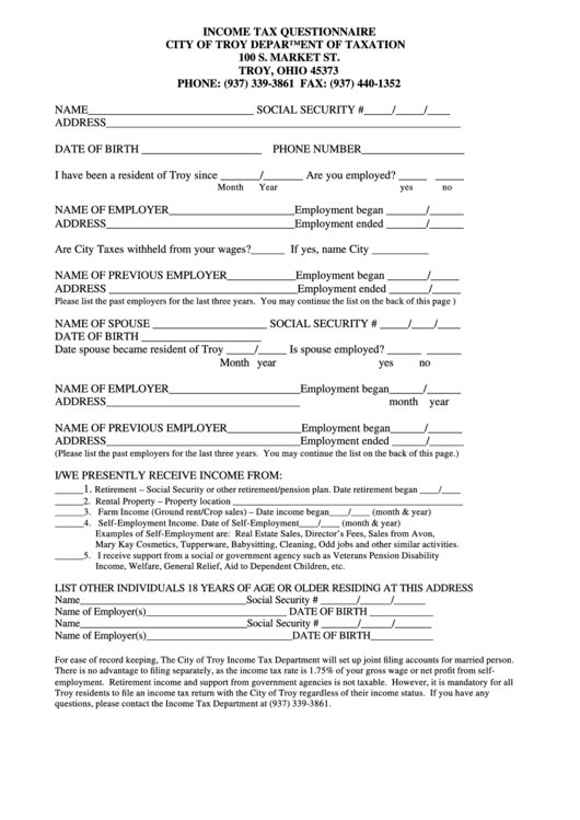 Income Tax Questionnaire Form - State Of Ohio Printable pdf