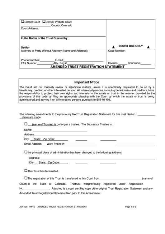 Fillable Form Jdf 735 - Amended Trust Registration Statement Printable pdf