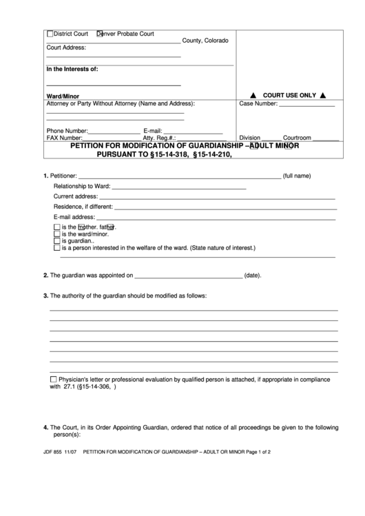 Fillable Form Jdf 855 - Petition For Modification Of Guardianship Adult Or Minor Printable pdf
