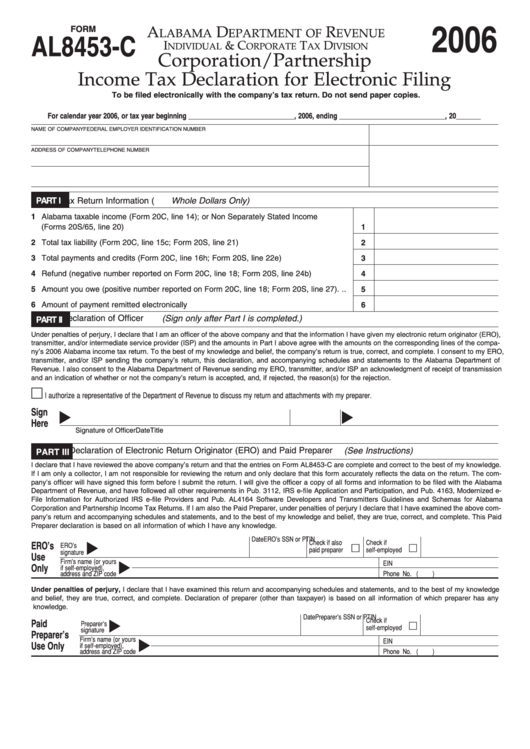 Fillable Form Al8453-C - Corporation/partnership Income Tax Declaration For Electronic Filing 2006 - State Of Alabama Printable pdf