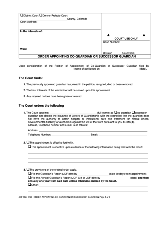 Fillable Form Jdf 858 - Order Appointing Co-Guardian Or Successor Guardian Printable pdf