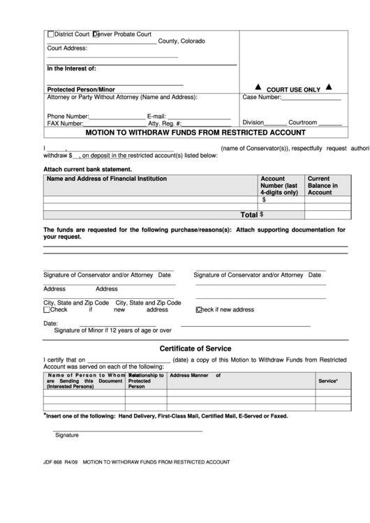 Fillable Form Jdf 868 - Motion To Withdraw Funds From Restricted Account Printable pdf