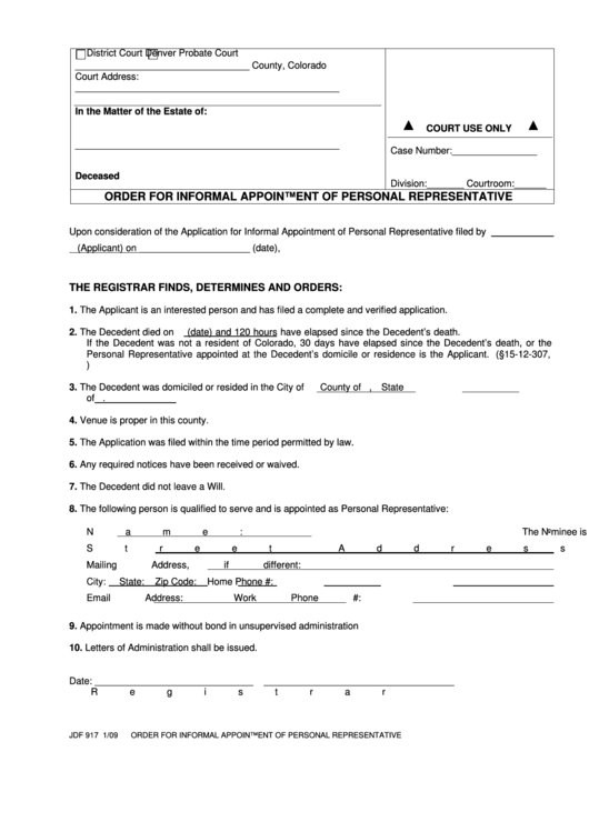 Fillable Form Jdf 917 Order For Informal Appointment Of Personal