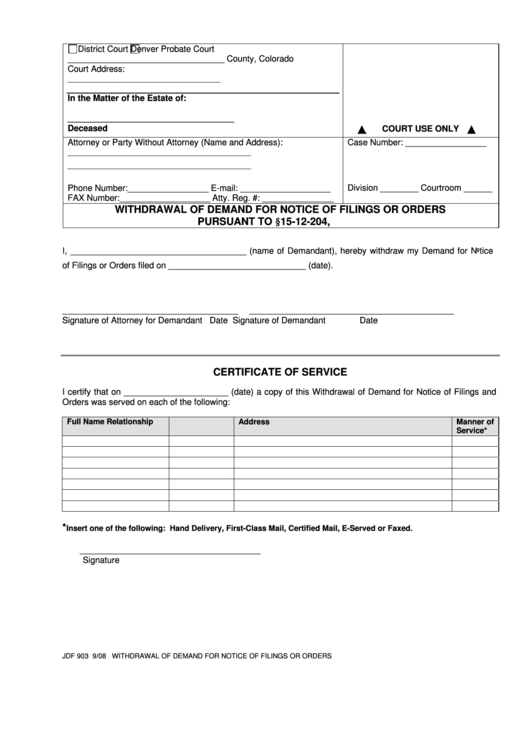 Fillable Form Jdf 903 - Withdrawal Of Demand For Notice Of Filings Or Orders Printable pdf