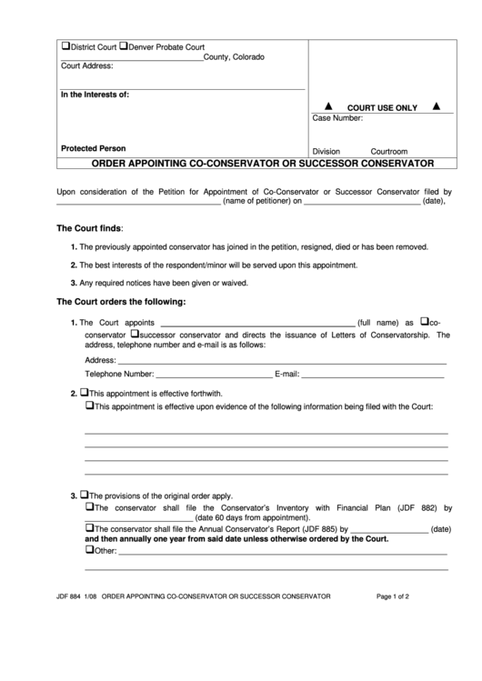 Fillable Form Jdf 884 - Order Appointing Co-Conservator Or Successor Conservator Printable pdf