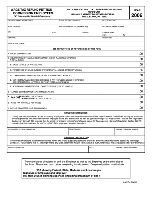 Form 83-A272 - Wage Tax Refund Petition Commission Employees - 2006 Printable pdf