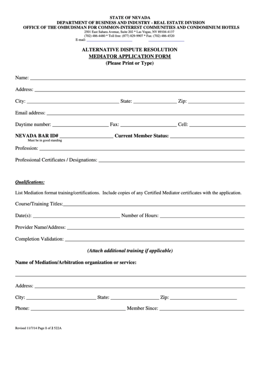 Fillable Form 522a - Mediator Application Form Printable pdf