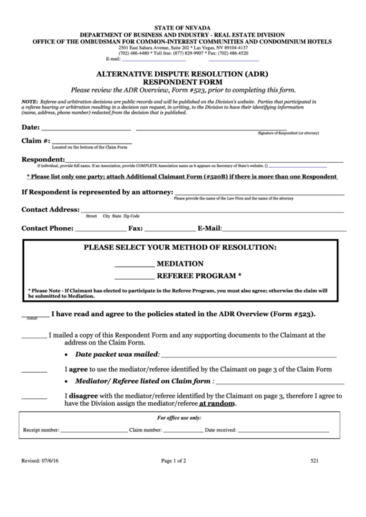 Fillable Form 521 - Respondent Form Printable pdf