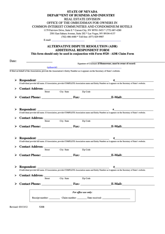 Fillable Form 520b - Alternative Dispute Resolution Additional Respondent Form Printable pdf