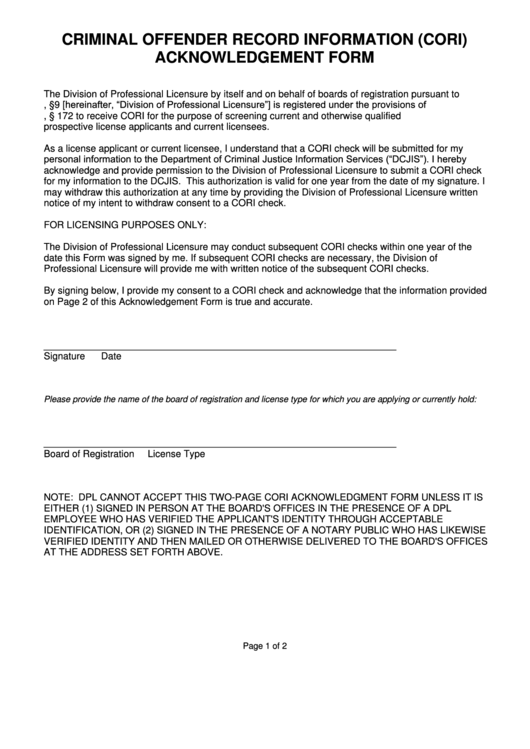 Fillable Criminal Offender Record Information (Cori) Acknowledgement Form Printable pdf