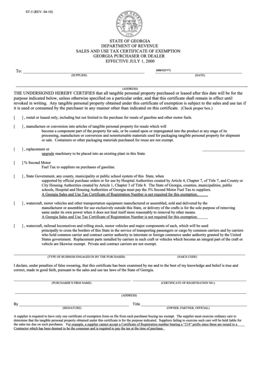 Fillable Form St-5 - Sales And Use Tax Certificate Of Exemption Georgia Purchaser Or Dealer Printable pdf