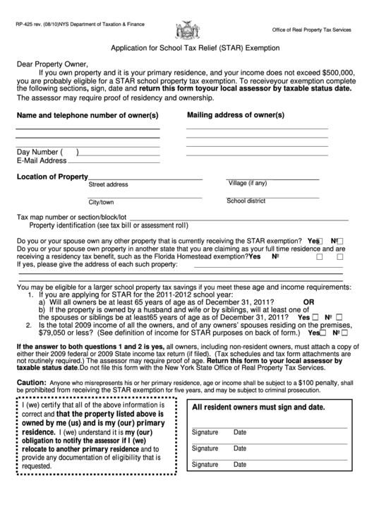 Form Rp-425 - Application For School Tax Relief (Star) Exemption - 2010 Printable pdf