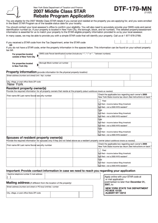 Form Dtf-179-Mn - 2007 Middle Class Star Rebate Program Application Printable pdf