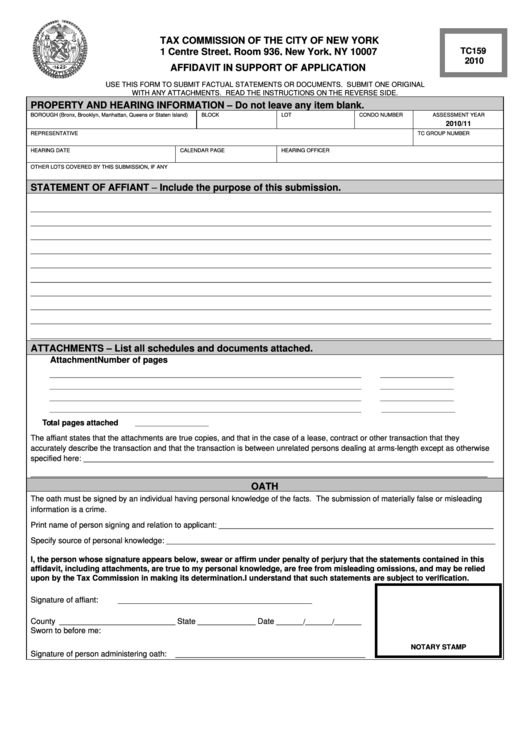 Form Tc159 - Affidavit In Support Of Application - 2010 Printable pdf