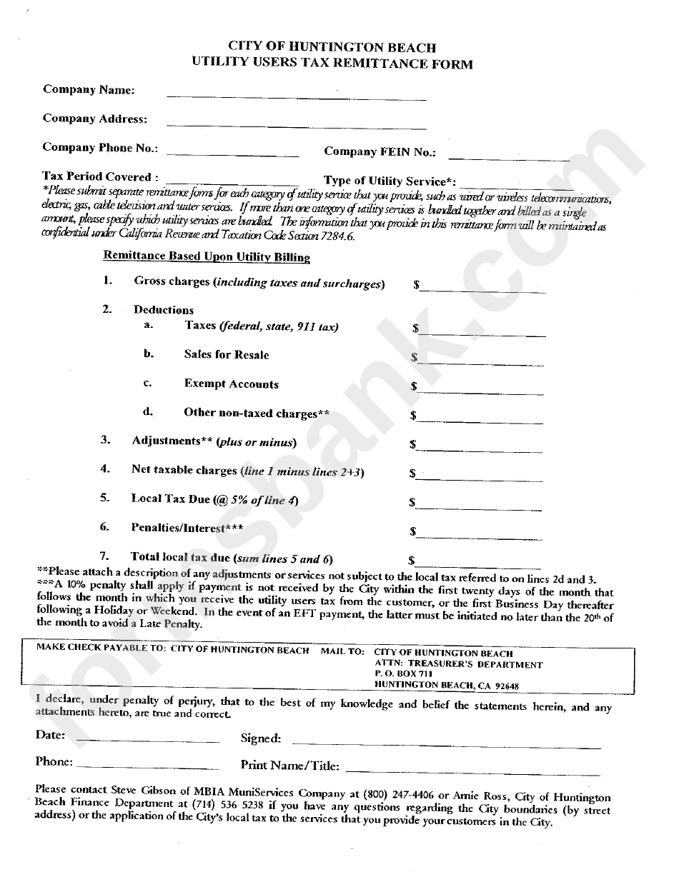 City Of Huntington Beach Utility Users Tax Remittance Form